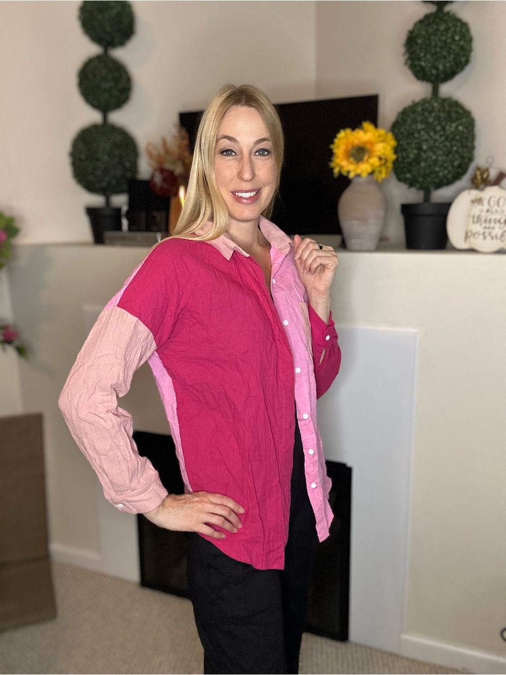 New 100% cotton Amazon Pink Colorblock Button-Down Shirt
